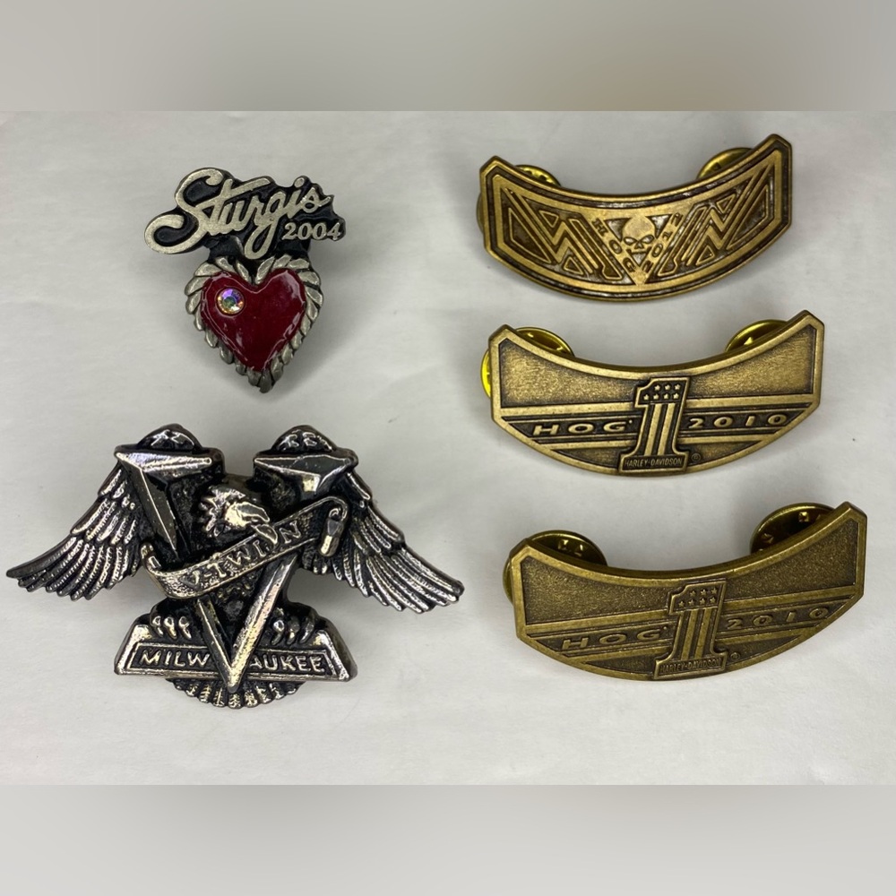 Lot of 5 Harley Davidson Biker Vest Jacket Pins Owner Group Hog Skull Milwaukee